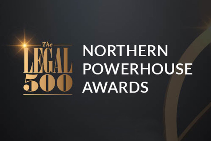 Logo gold writing on a black background spelling out Legal 500 Northern Powerhouse Awards