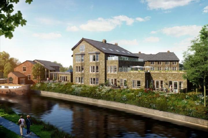 artist impression of care home by a river