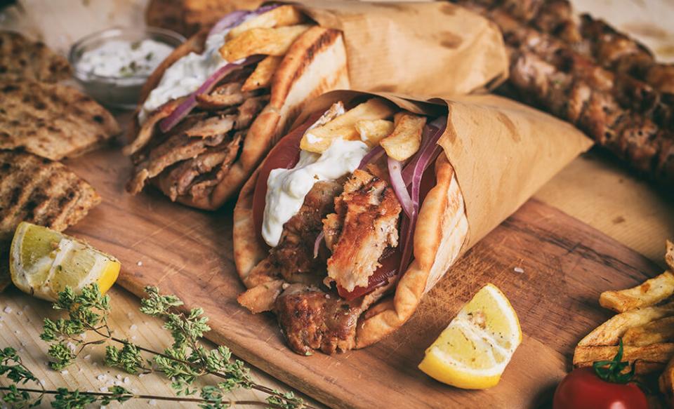 Picture of a greek gyros wrap on a platter