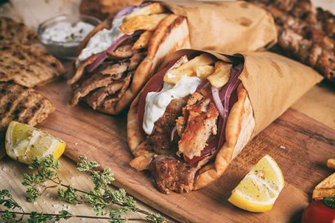 Picture of a greek gyros wrap on a platter