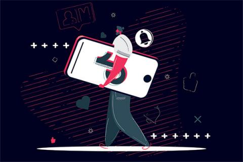 Illustration of man carrying a giant phone with the Tiktok logo on it