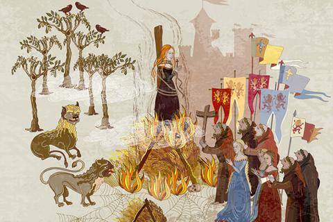 medieval drawing of a witch burning trial
