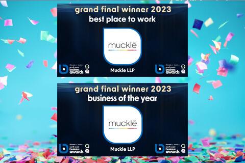 Logos for the north east business awards win. Muckle Logo with text saying best place to work and business of the year