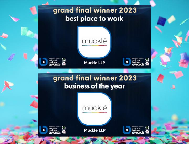 Logos for the north east business awards win. Muckle Logo with text saying best place to work and business of the year