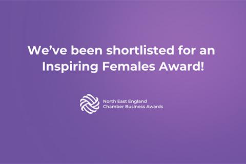 White text over a lilac background with the NEEC Business Awards logo. Text reads: We've been shortlisted for an Inspiring Females Award!