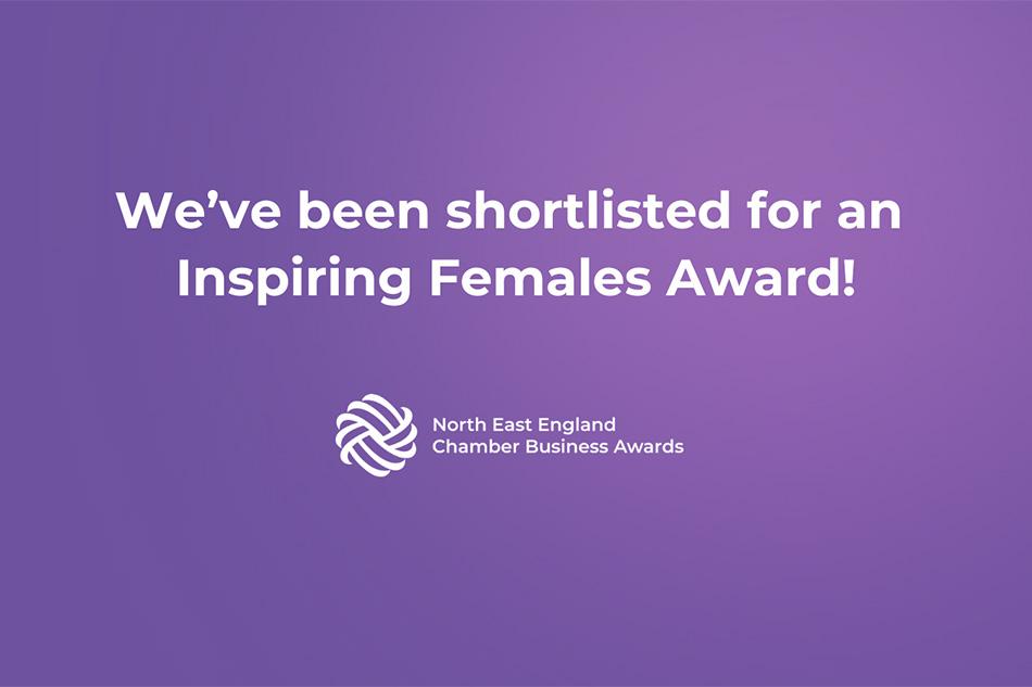White text over a lilac background with the NEEC Business Awards logo. Text reads: We've been shortlisted for an Inspiring Females Award!