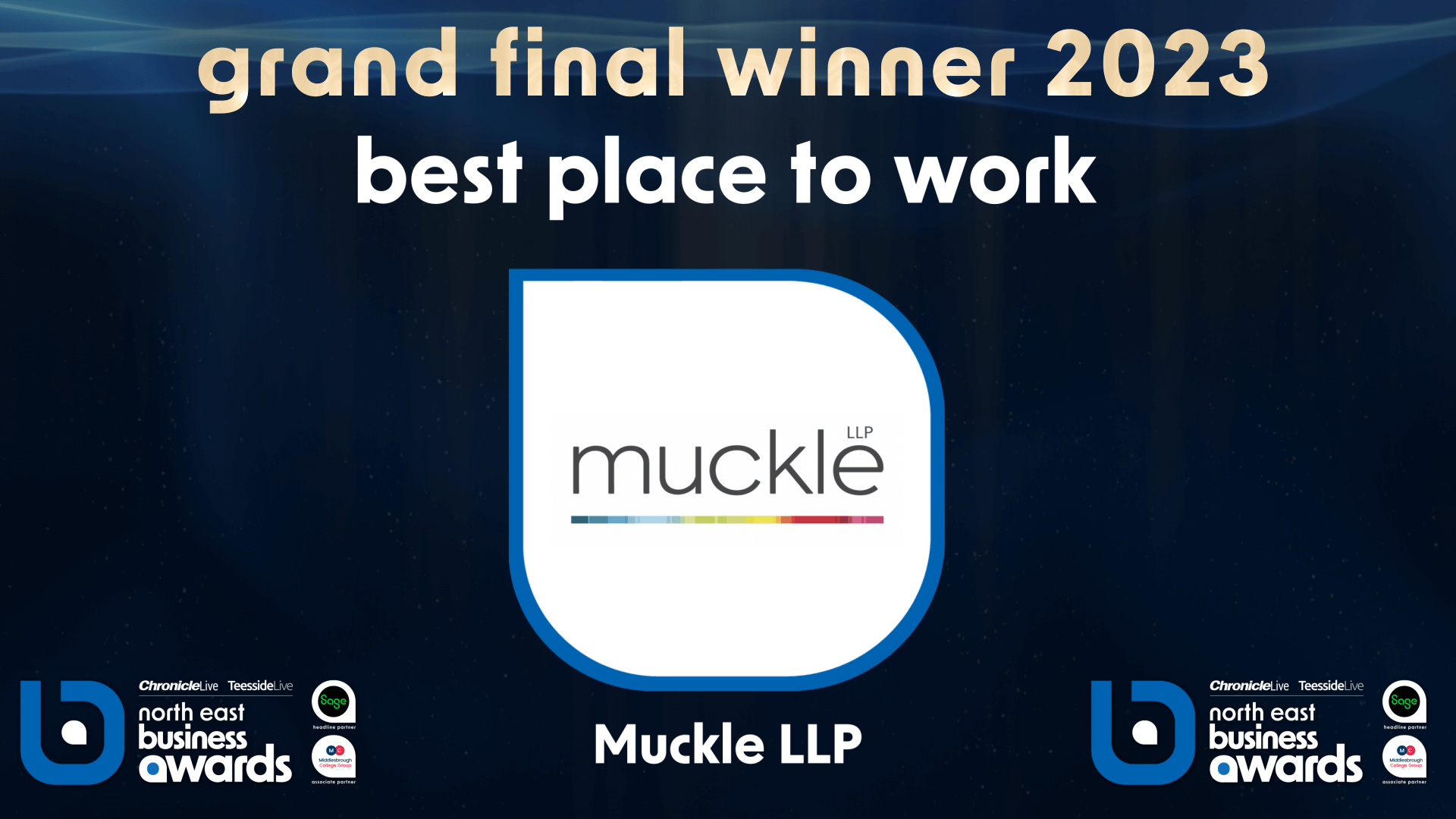 Muckle logo with text saying grand final winner best place to work