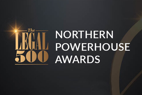 Logo gold writing on a black background spelling out Legal 500 Northern Powerhouse Awards