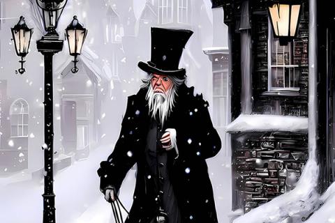 Cartoon of Scrooge on a snowy street