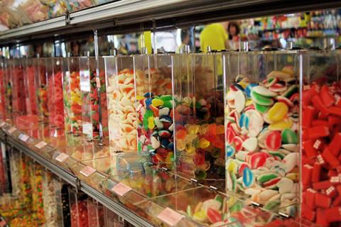 Rows of jars of colourful sweets