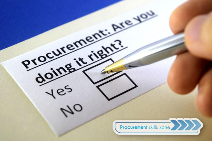 a piece of paper saying Procurement: Are you doing it right?  with yes and no tick boxed and a hand holding a pen over the boxes