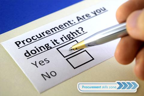 A piece of paper saying Procurement: Are you doing it right? with yes and no tick boxes and a pen