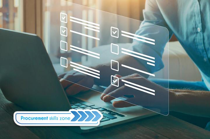A man typing with a checklist superimposed over the photo with Procurement Skills Zone in the corner