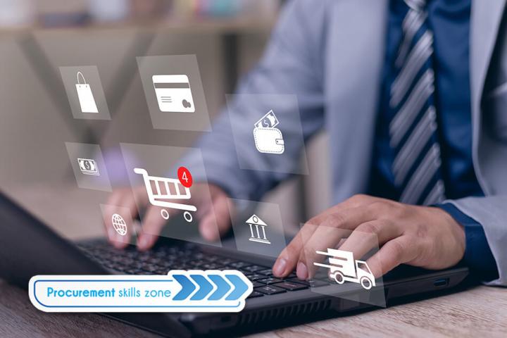 man typing on laptops with payment icons showing