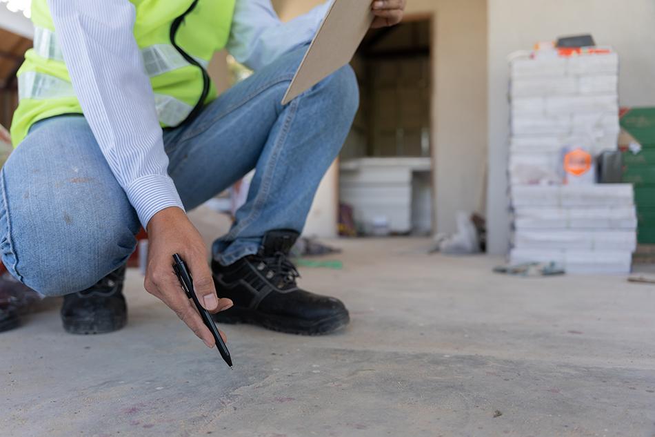 Man in a high vis jacket gesturing to the floor, in front of building work