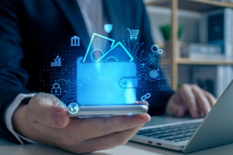 Businessman accessing online bank via internet