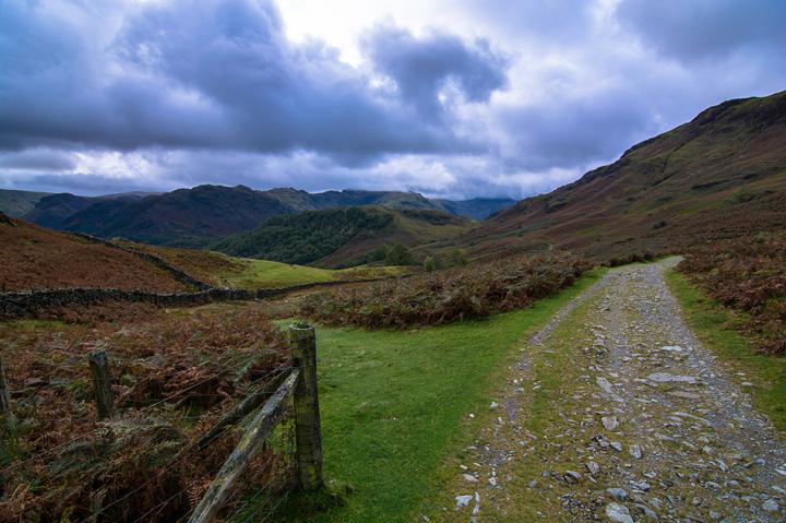 A valley in the Lake District with green grass and a stone path to the right, with mountains and a cloudy blue sky in the background