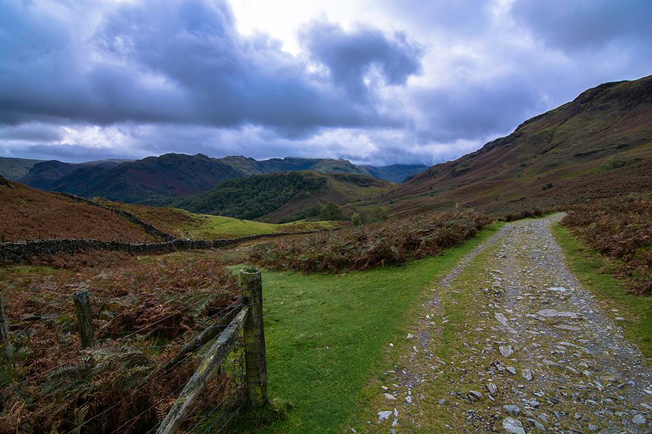 A valley in the Lake District with green grass and a stone path to the right, with mountains and a cloudy blue sky in the background