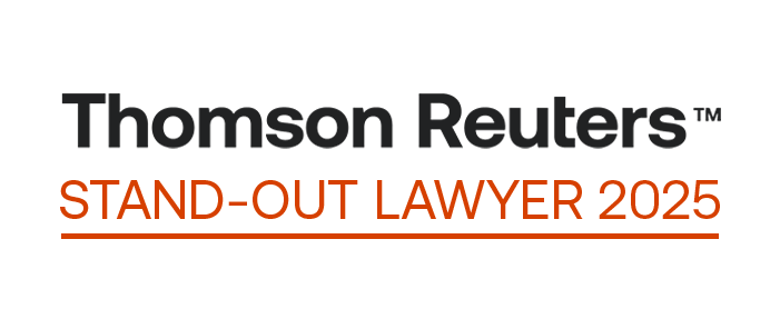 Awards logo - black and orange text with the words: Thomson Reuters Stand-Out Lawyer 2025