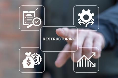 A hand pointing to computer generated graphics with 'restructuring' in the middle