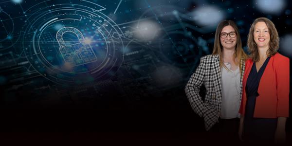 Rhiannon Hastings and Alex Craig superimposed over a stock image with a padlock
