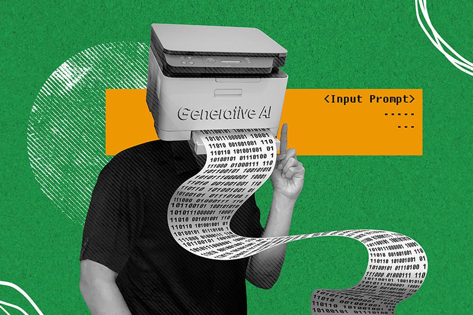 A person with a printer as a head, printing out reams of 'ideas' on paper