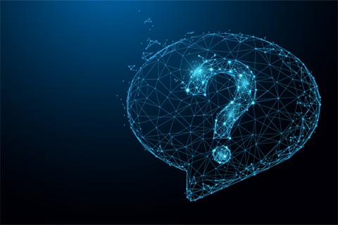 A blue speech bubble containing a blue question mark in a particle-style graphic, over a dark blue background