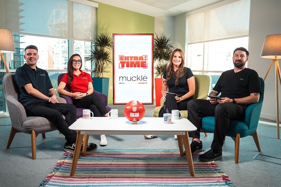 An image of Ryan Douglas and Alison Jones of Muckle LLP with the FA on the set of the latest Extra:Time series