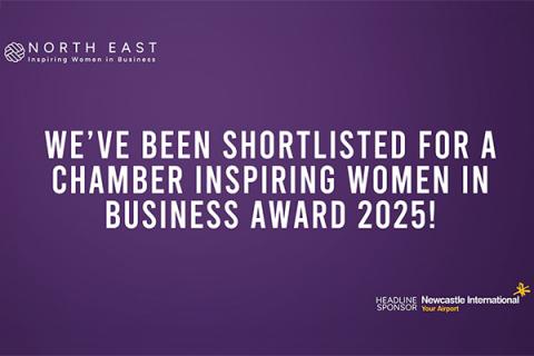 Awards graphic with a purple background and white text reading We've Been Shortlisted for a Chamber Inspiring Women in Business Award 2025!