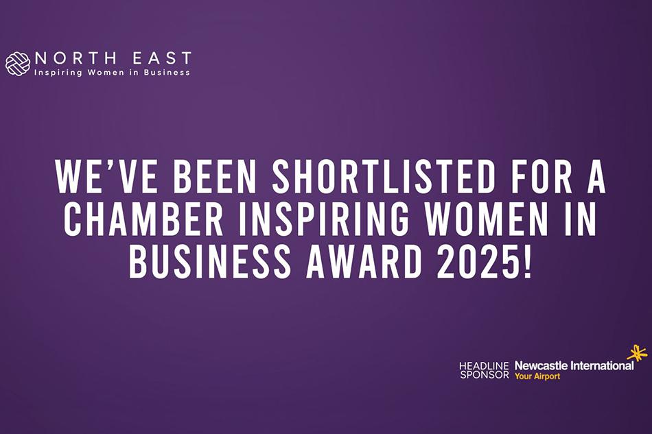 Awards graphic with a purple background and white text reading We've Been Shortlisted for a Chamber Inspiring Women in Business Award 2025!