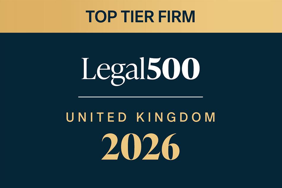 Legal 500 2026 logo on a navy background with a gold band at the top reading Top Tier Firm