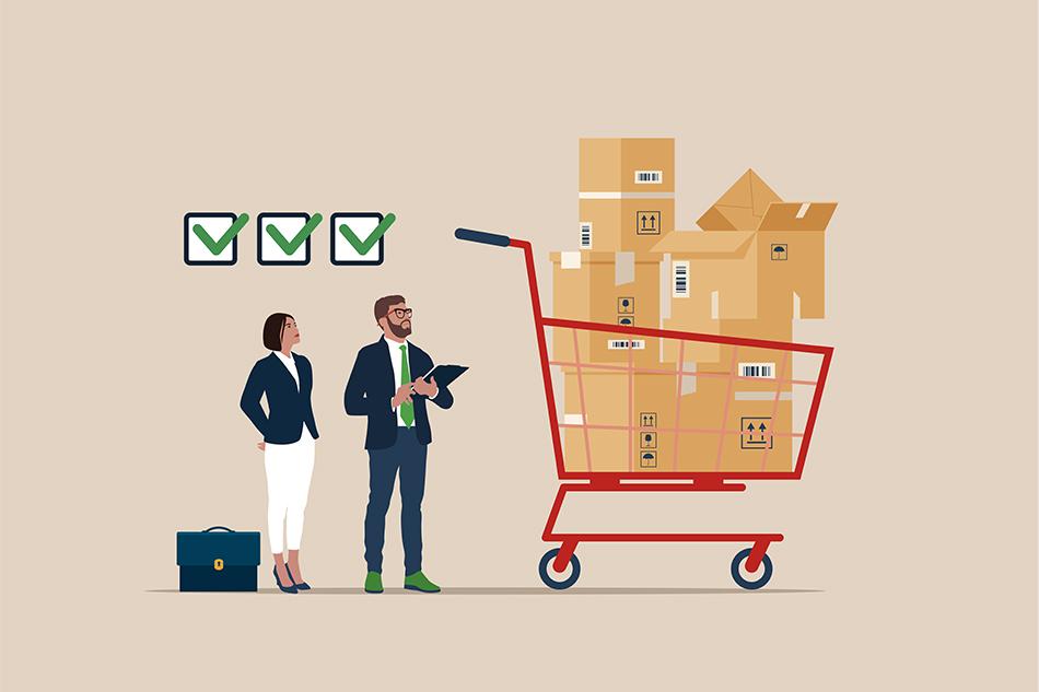 Drawing of a man and woman standing next to a large red shopping cart with cardboard boxes inside