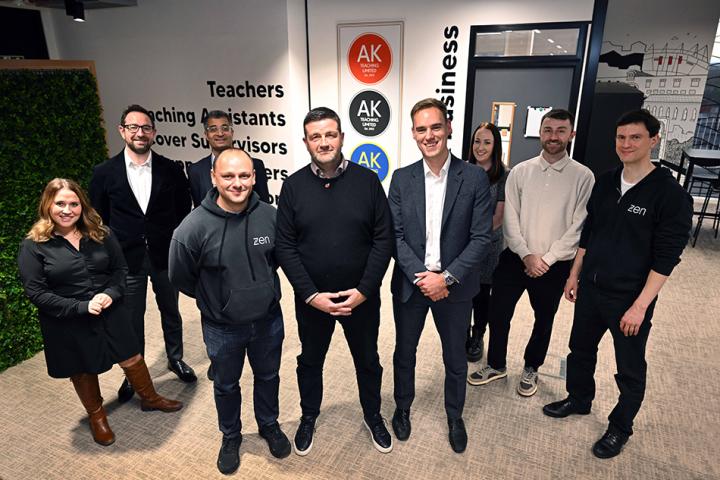 The teams at AK Teaching, Zen Educate and Muckle - including Lucy Dougall, Matthew Walsh and Atif Salim - standing in a group