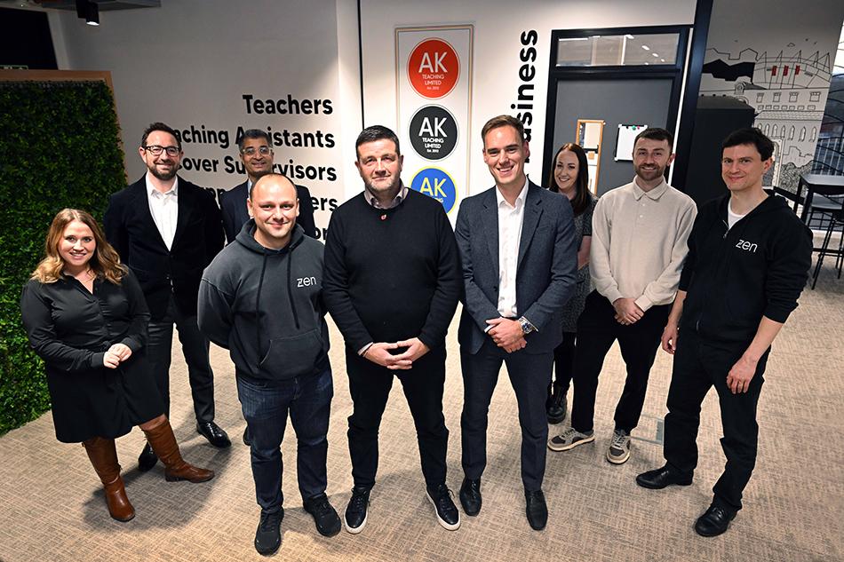The teams at AK Teaching, Zen Educate and Muckle - including Lucy Dougall, Matthew Walsh and Atif Salim - standing in a group