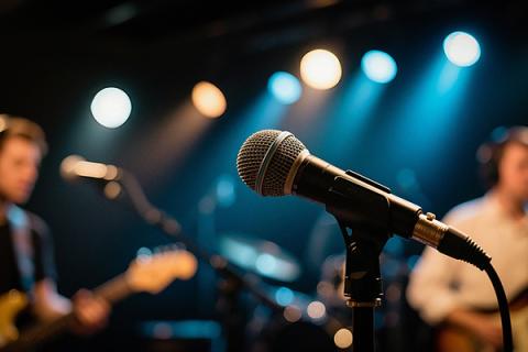 A stage with a mic stand and singers performing