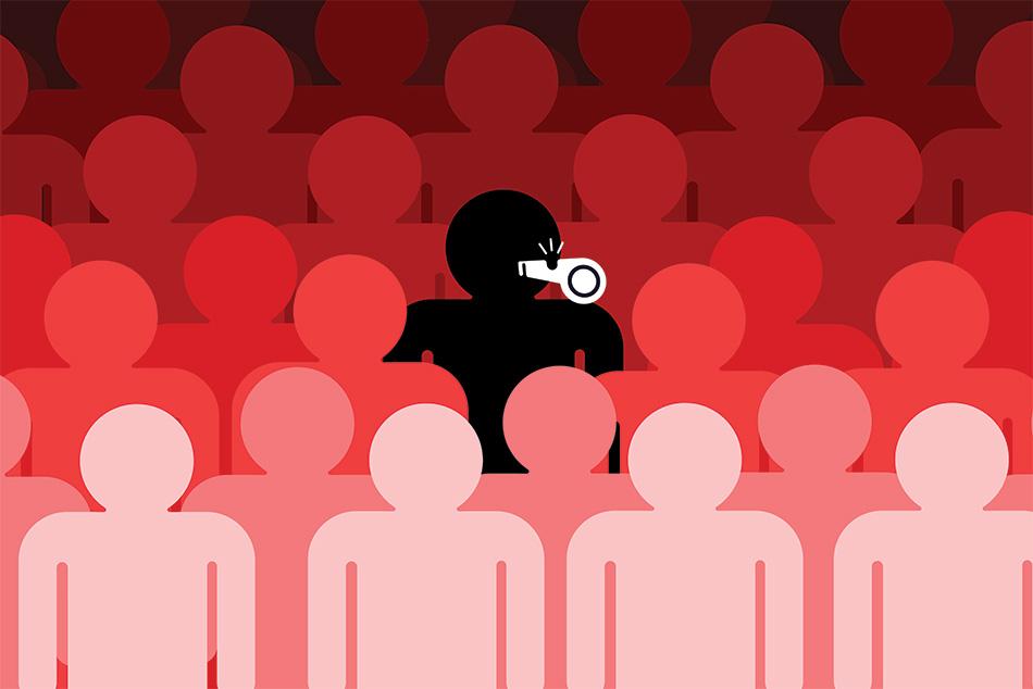 Cartoon image of individual blowing a whistle in a crowd