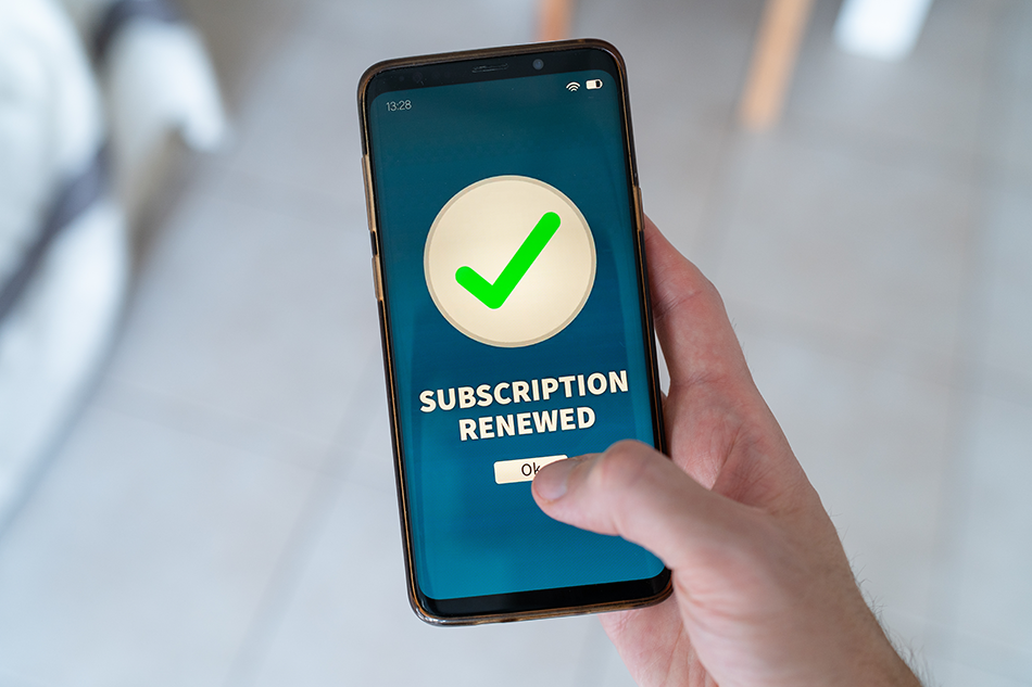 A subscription renewed alert on a mobile phone