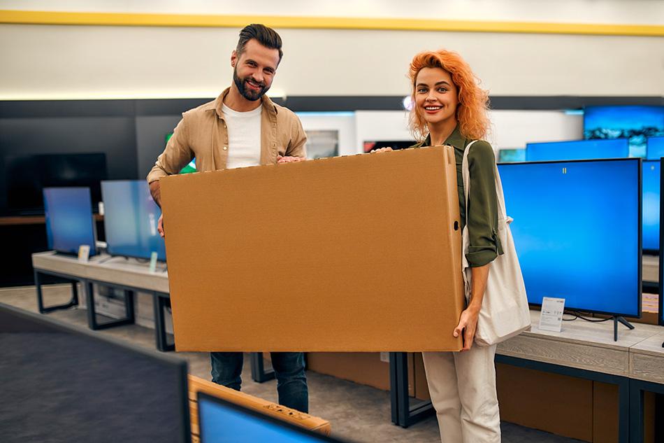 Young couple carrying a TV through an electrical store