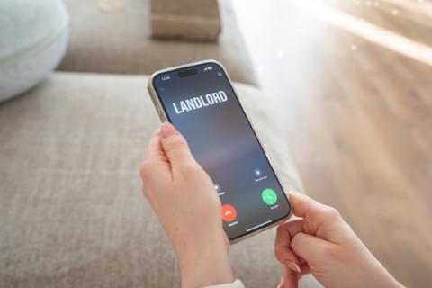 A hand holding a phone, the display screen is ringing and it is showing the word landlord