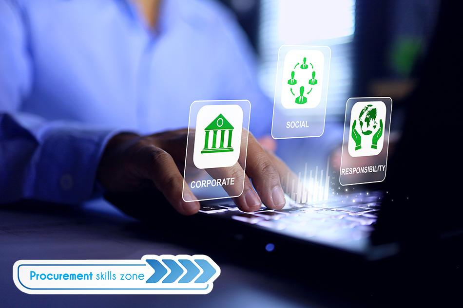 Someone accessing a digital screen showing corporate social responsibility modules. 