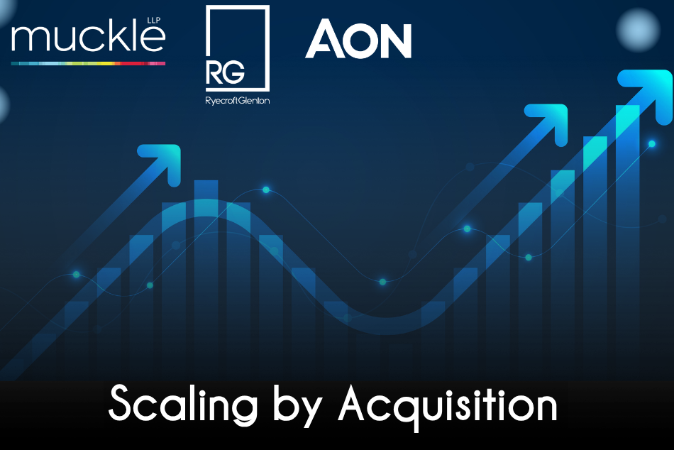 a blue and navy image of a arrow/bar chart graphic with an overlay of the muckle, RG and AON logos