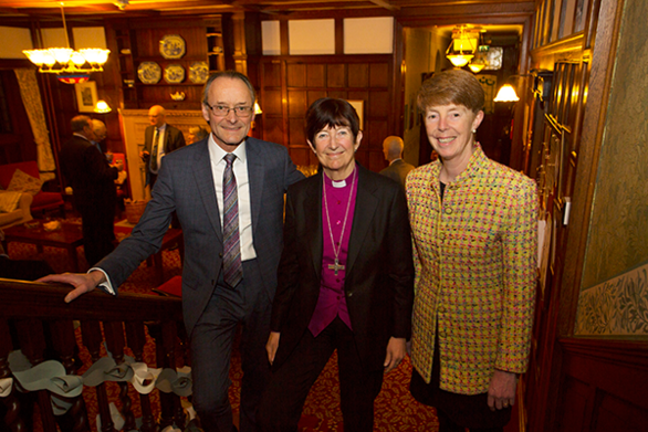 Hugh Welch, Senior Partner Muckle LLP, the Rt Revd Christine Hardman, The Bishop of Newcastle and Post Office Chief Executive, Paula Vennells the guest speaker at the Faith and Work Supper hosted by Muckle LLP at Shepherds Dene, Riding Mill, Northumberland.